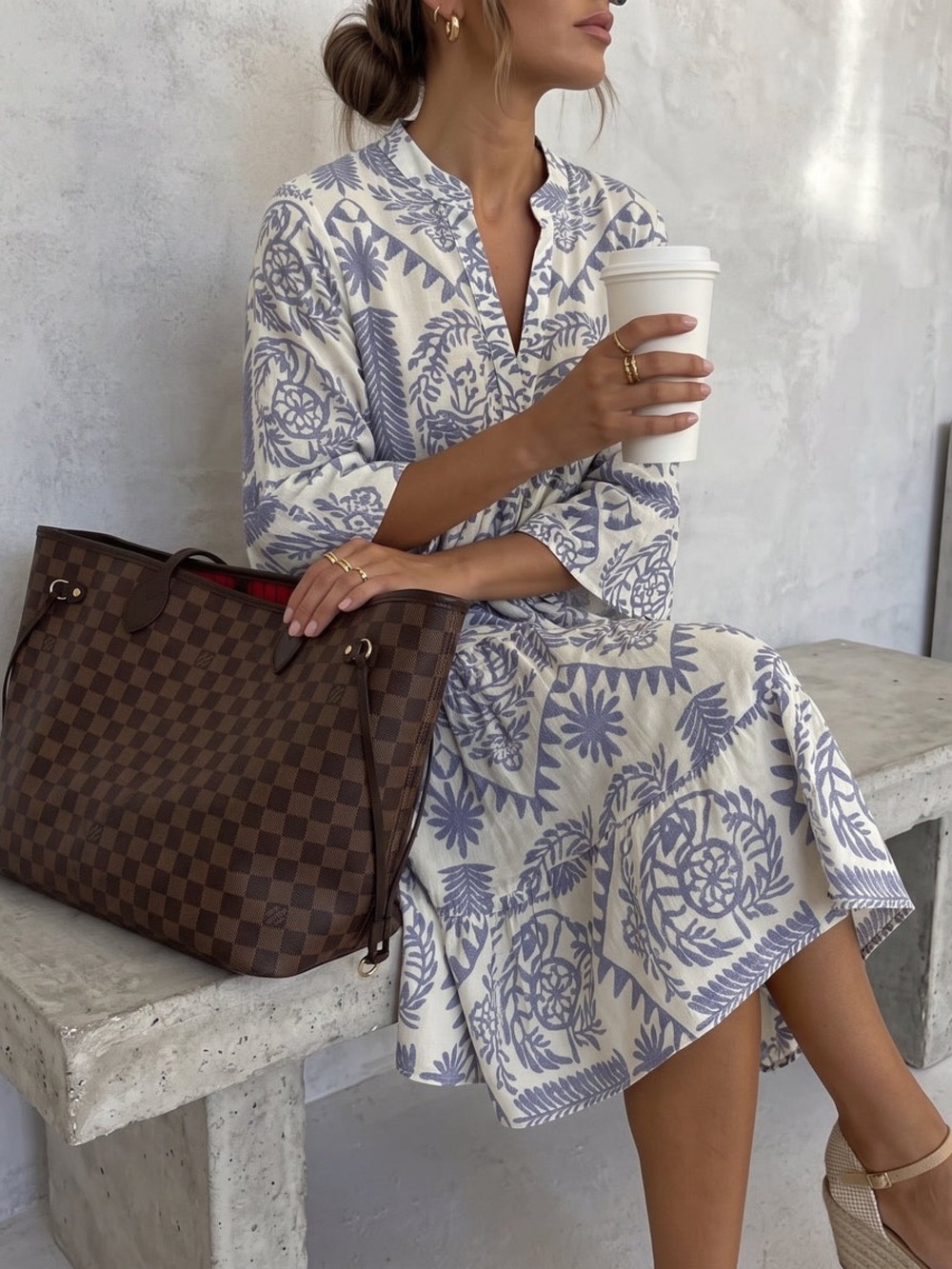 Floral Dress Bell Sleeve V-Neck Flowy Boho Sun Dress Blue White Size Small
